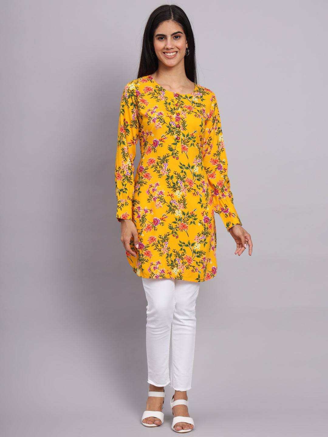 Women Yellow & Green Floral Printed Kurti