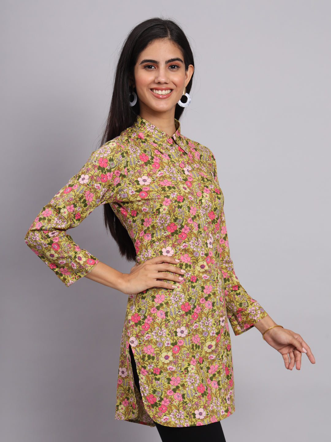 Women Yellow & Pink Printed Shirt Kurti