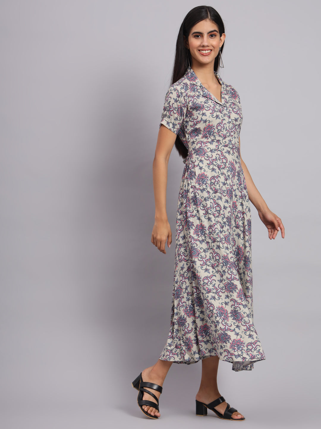 Women Grey Floral Printed Fit & Flare Ethnic Dress