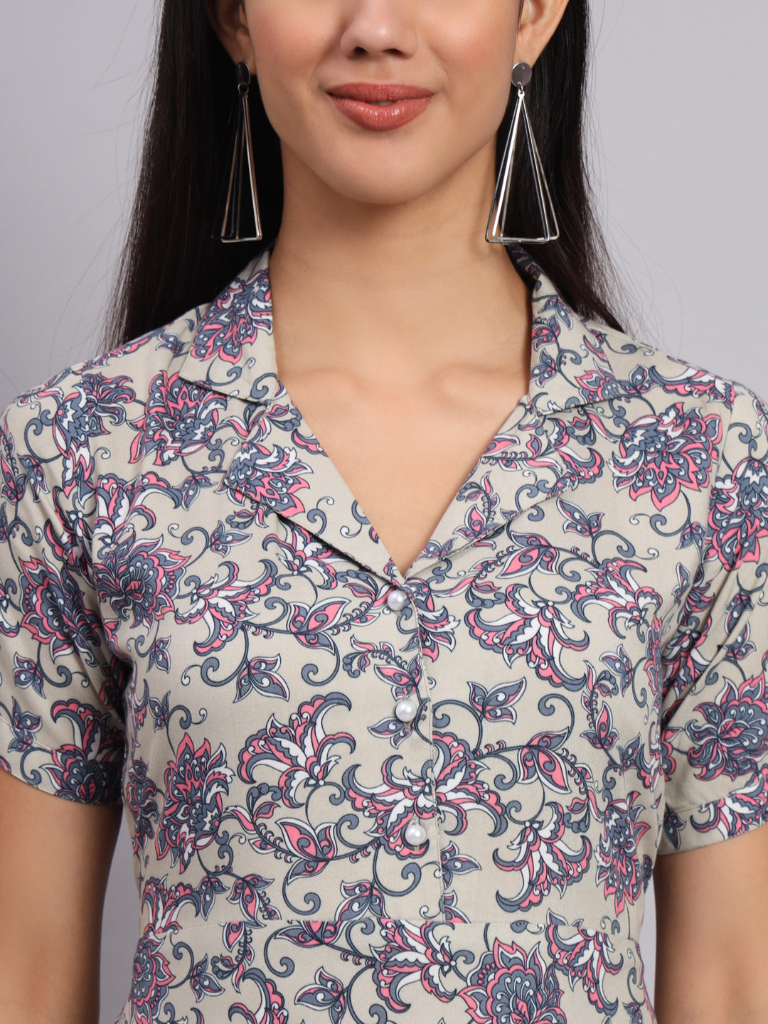 Women Grey Floral Printed Fit & Flare Ethnic Dress