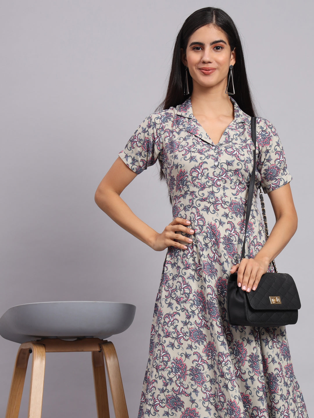 Women Grey Floral Printed Fit & Flare Ethnic Dress