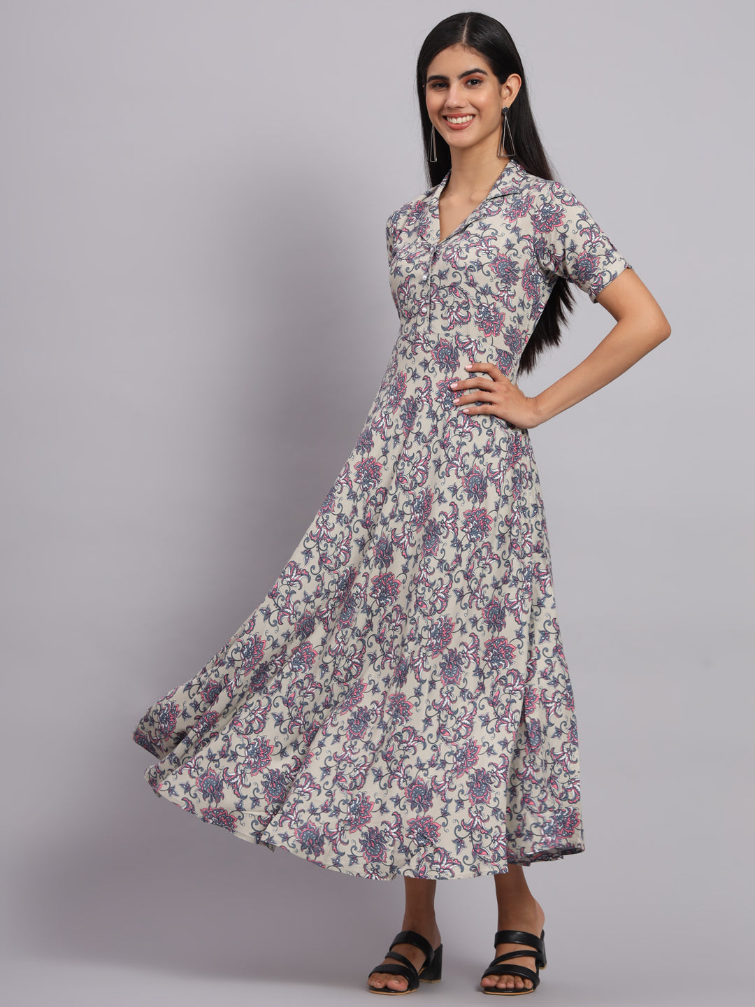 Women Grey Floral Printed Fit & Flare Ethnic Dress