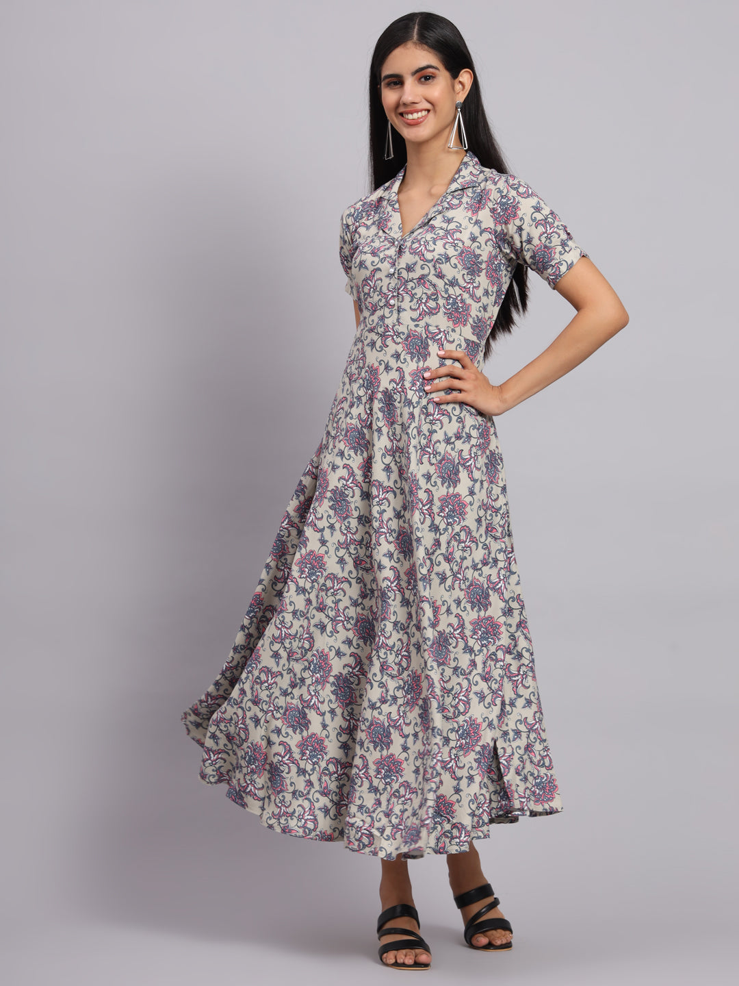 Women Grey Floral Printed Fit & Flare Ethnic Dress