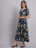 Women Navy Blue Floral Printed Fit & Flare Ethnic Dress