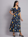 Women Navy Blue Floral Printed Fit & Flare Ethnic Dress