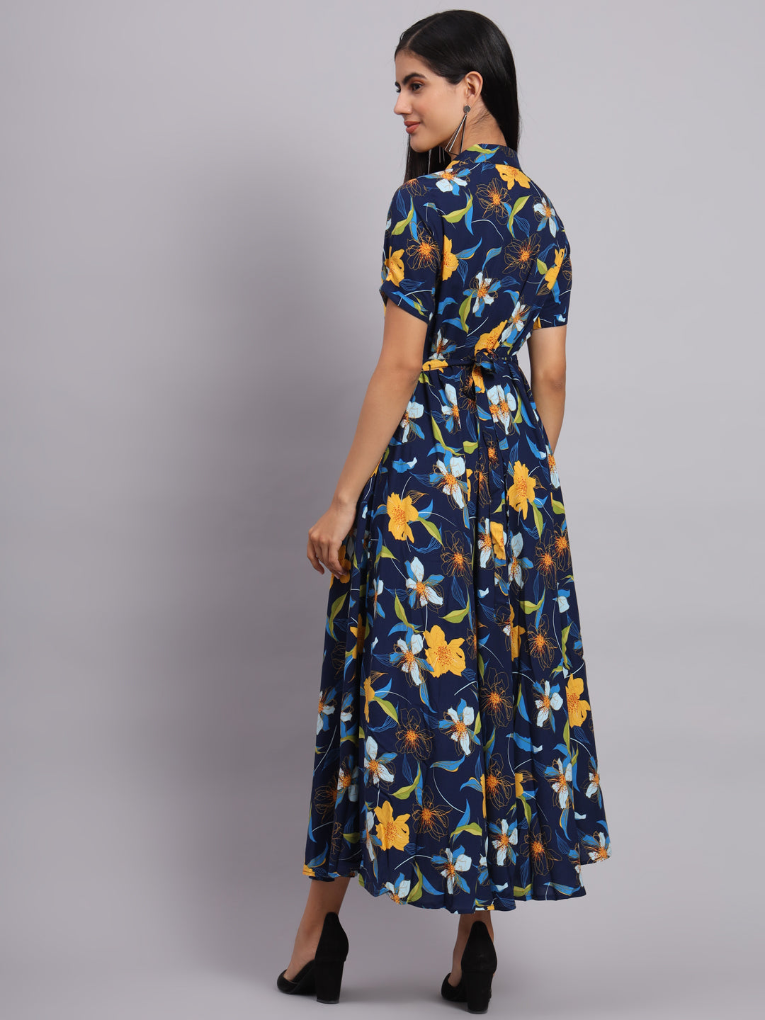 Women Navy Blue Floral Printed Fit & Flare Ethnic Dress