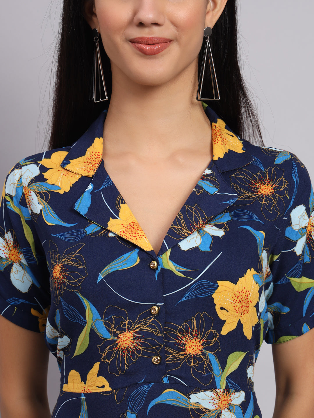Women Navy Blue Floral Printed Fit & Flare Ethnic Dress