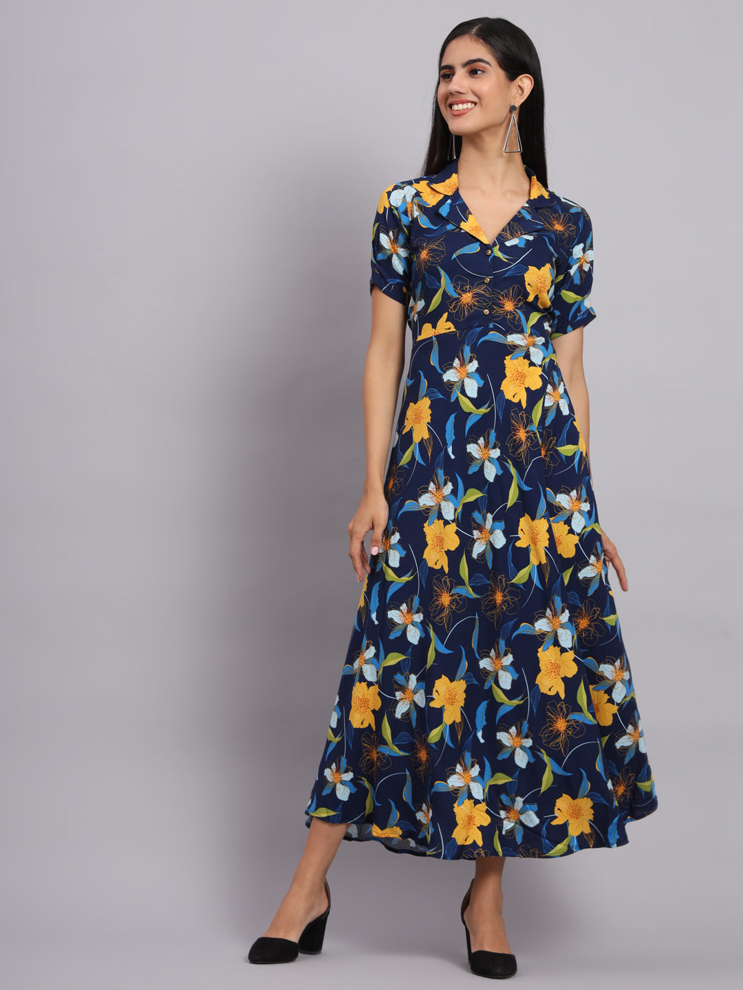 Women Navy Blue Floral Printed Fit & Flare Ethnic Dress