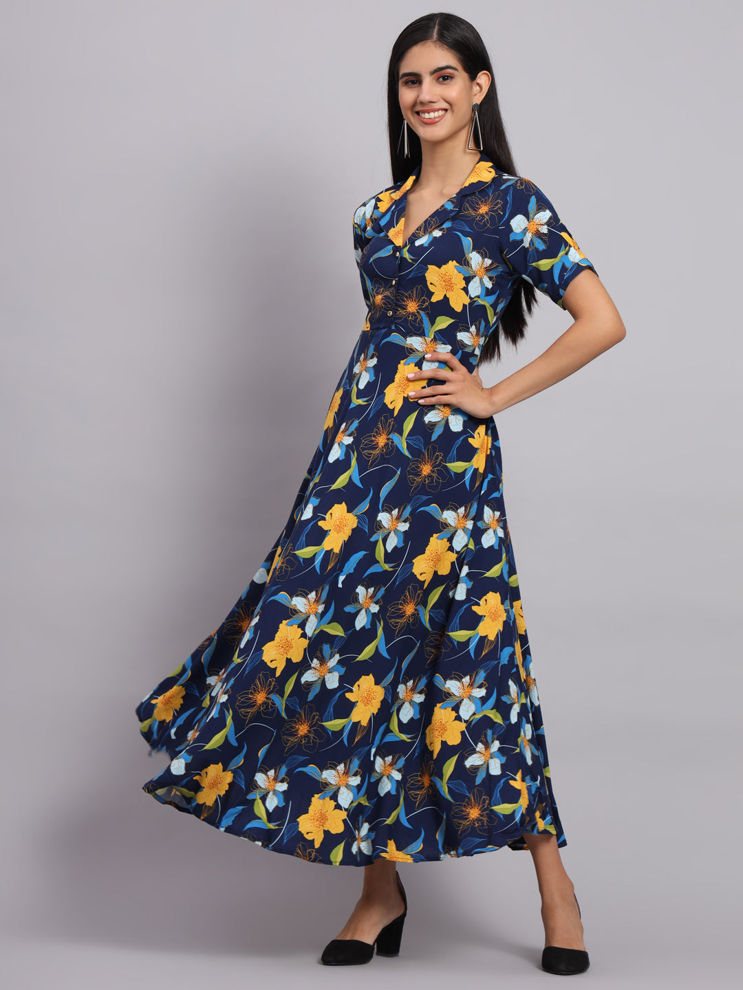Women Navy Blue Floral Printed Fit & Flare Ethnic Dress