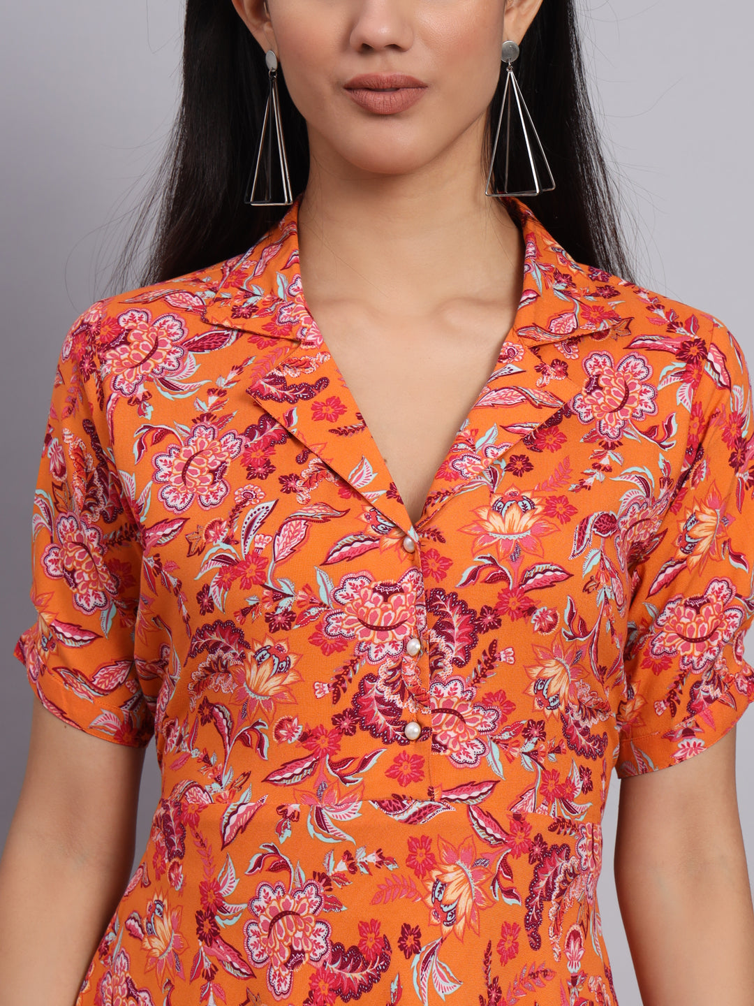 Women Orange Floral Printed Fit & Flare Ethnic Dress
