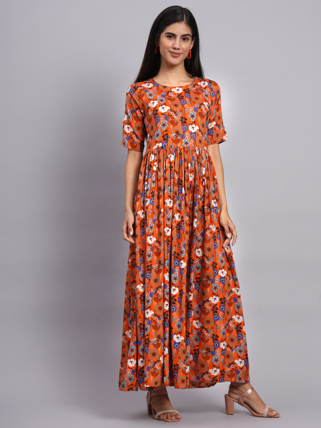 Women Orange Floral Printed Ethnic Dress