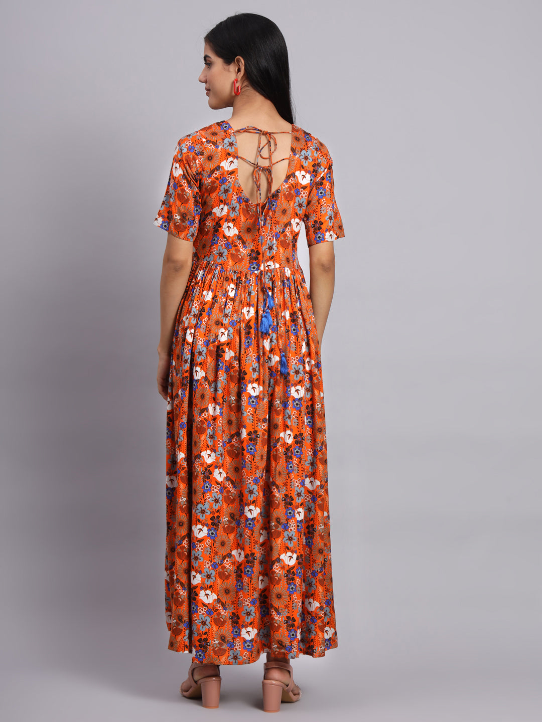 Women Orange Floral Printed Ethnic Dress