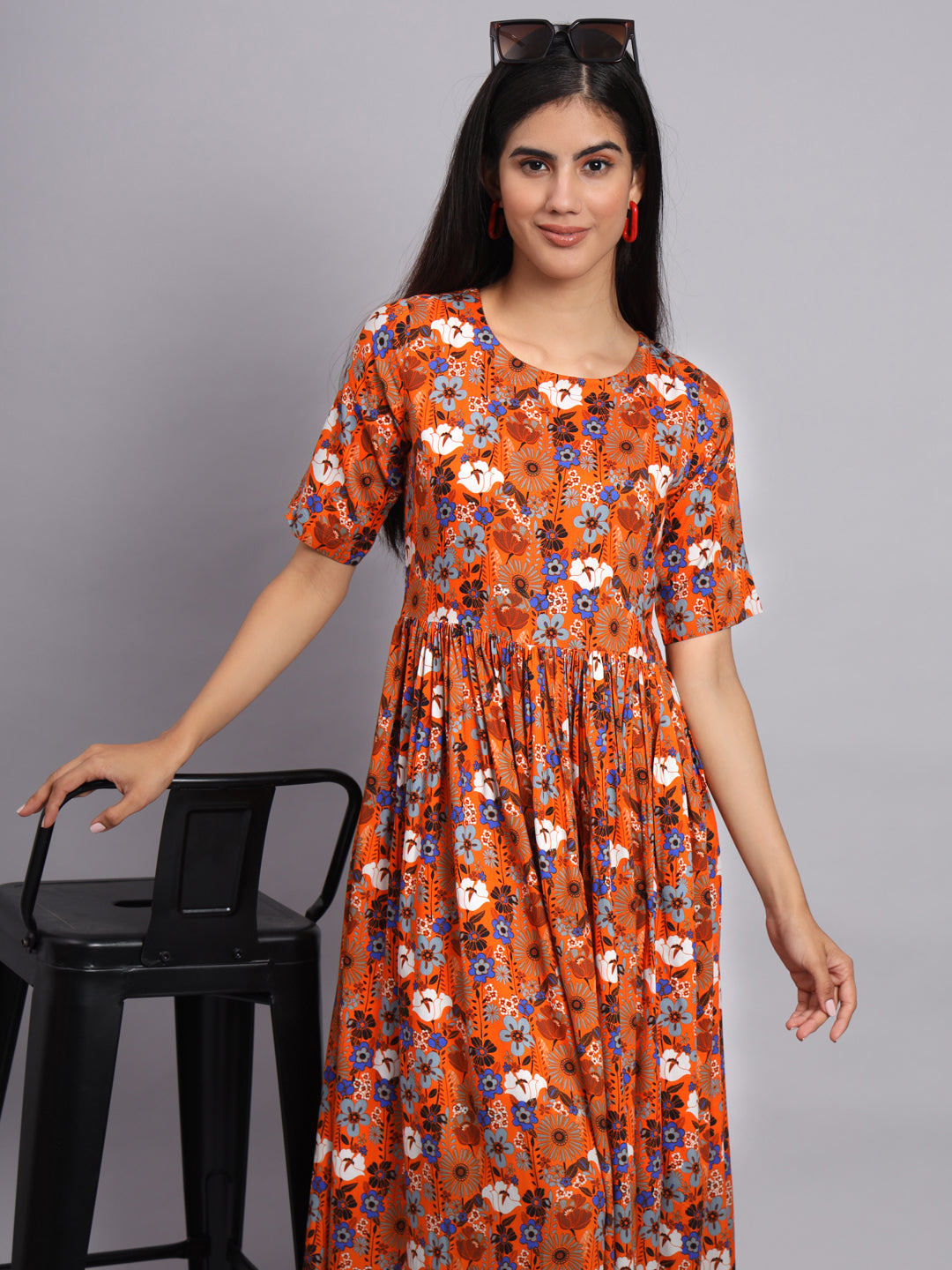 Women Orange Floral Printed Ethnic Dress