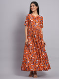 Women Orange Floral Printed Ethnic Dress