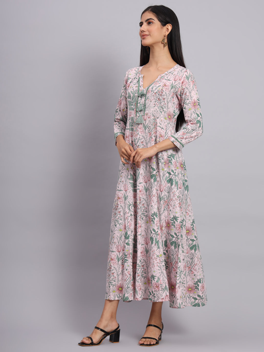 Women Pink Floral Printed A-Line Ethnic Dress