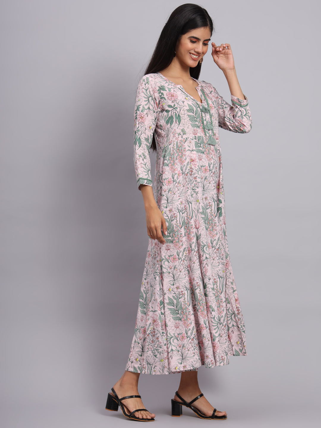 Women Pink Floral Printed A-Line Ethnic Dress