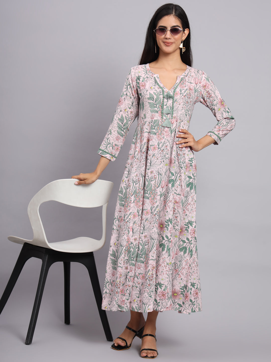 Women Pink Floral Printed A-Line Ethnic Dress