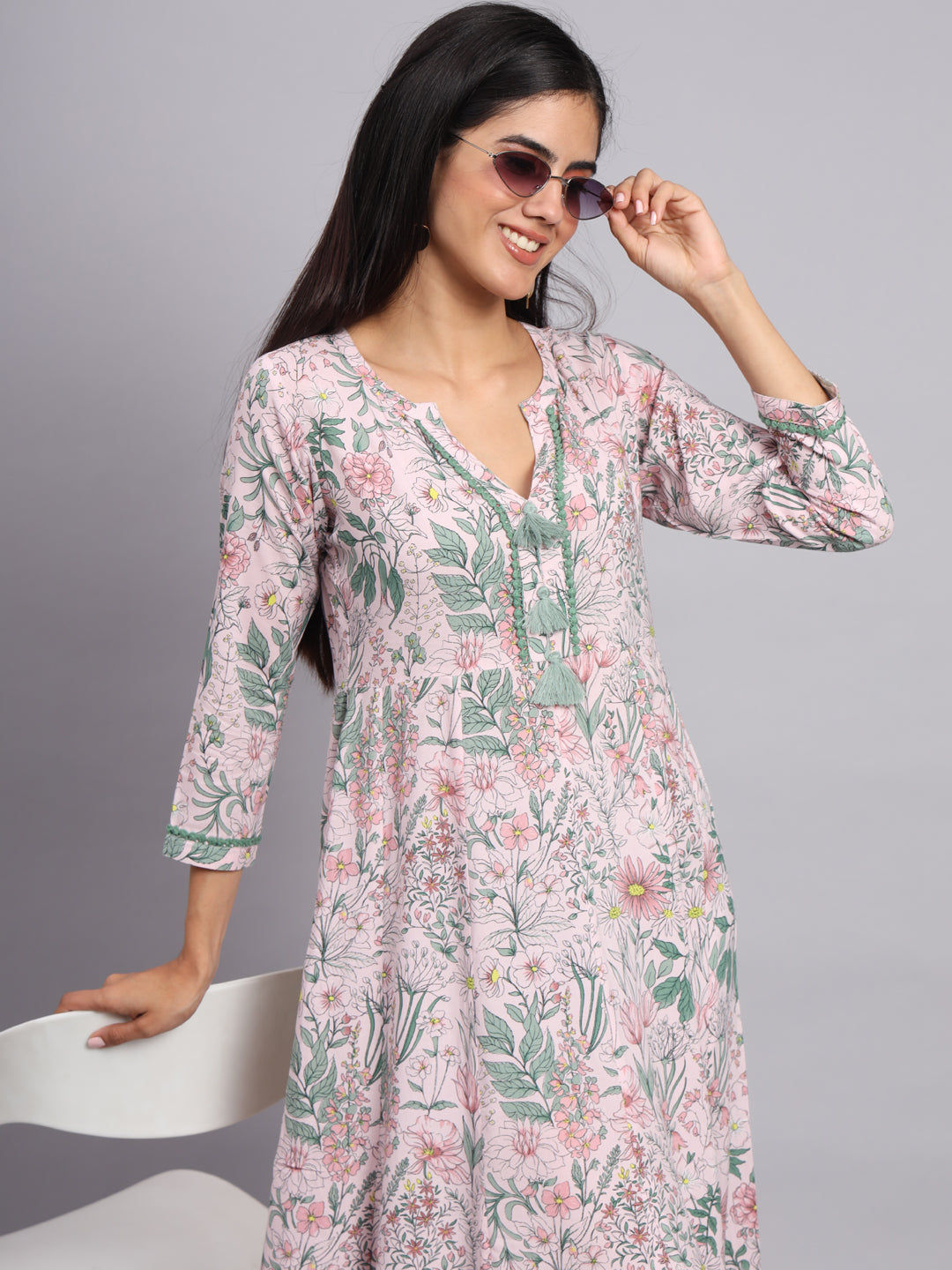 Women Pink Floral Printed A-Line Ethnic Dress