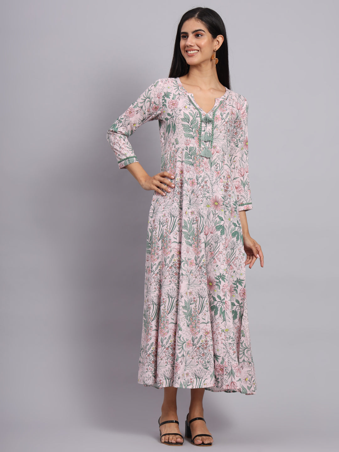 Women Pink Floral Printed A-Line Ethnic Dress