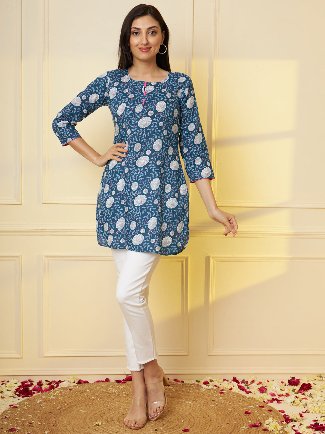 Women Blue Ethnic Motifs Printed Pure Cotton Kurti