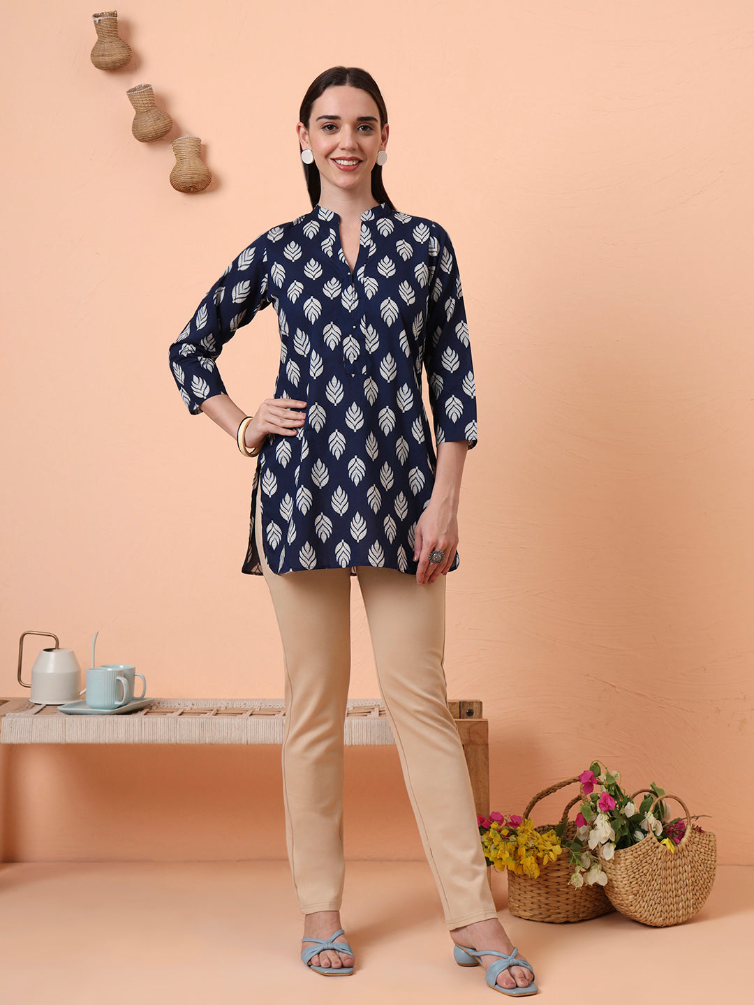 Women Indigo Leaf Printed Pure Cotton Kurti