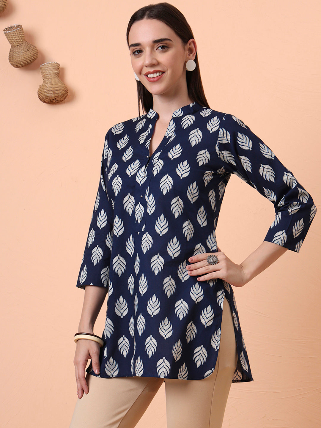 Women Indigo Leaf Printed Pure Cotton Kurti