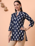 Women Indigo Leaf Printed Pure Cotton Kurti