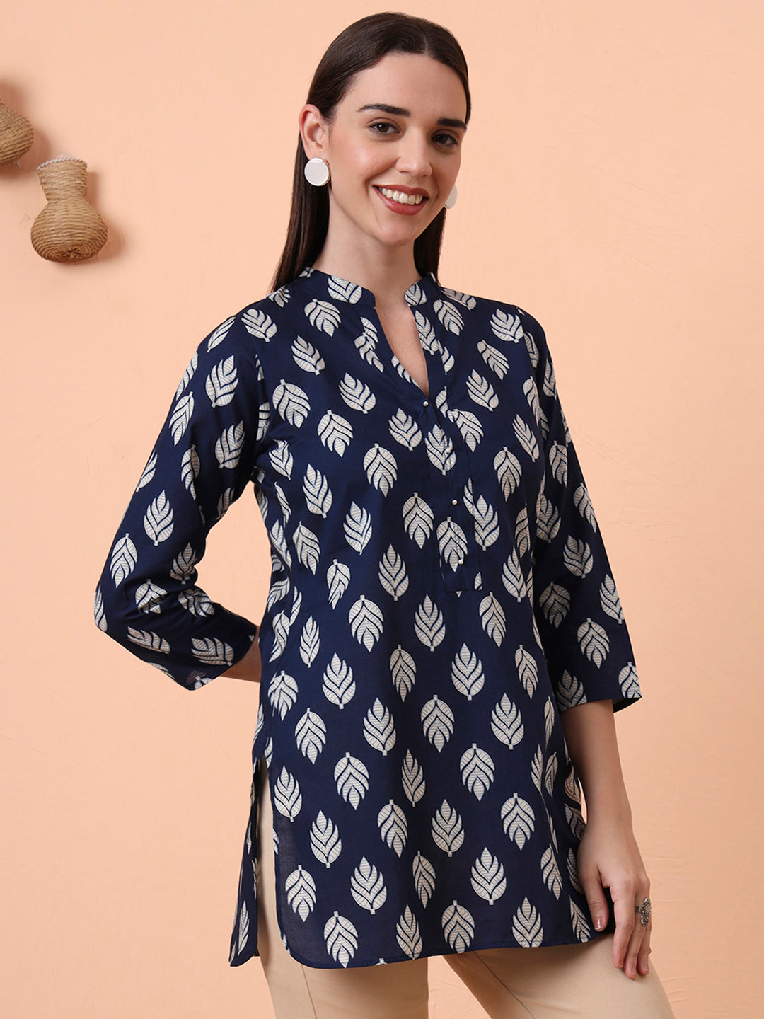 Women Indigo Leaf Printed Pure Cotton Kurti