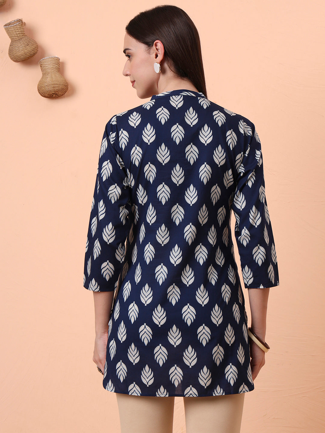 Women Indigo Leaf Printed Pure Cotton Kurti