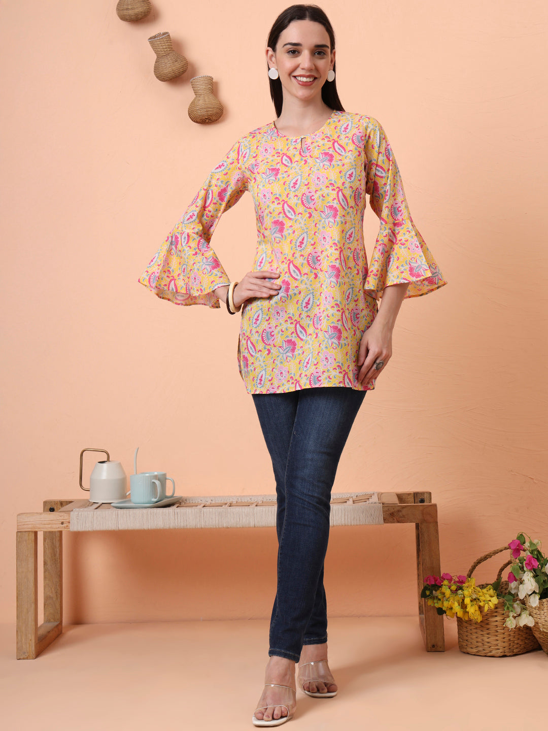 Women Yellow Printed Pure Cotton Flared Sleeves Kurti
