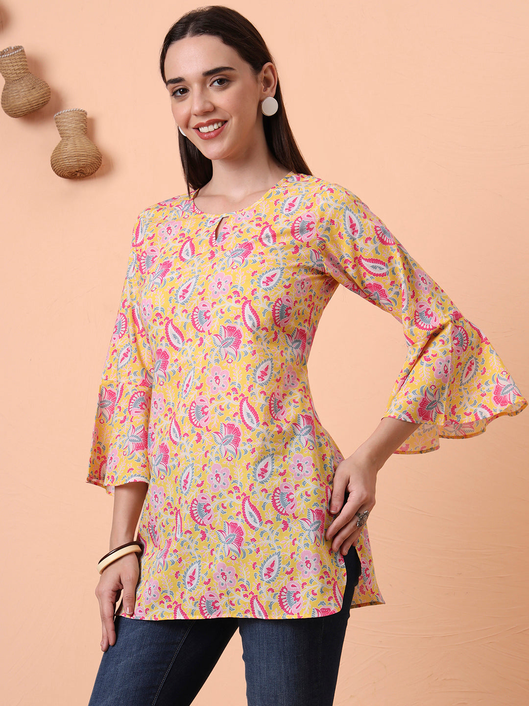Women Yellow Printed Pure Cotton Flared Sleeves Kurti