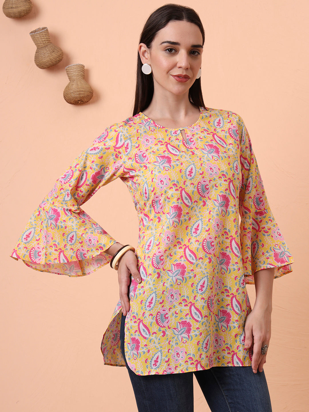 Women Yellow Printed Pure Cotton Flared Sleeves Kurti