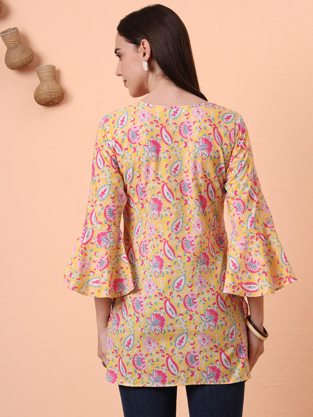 Women Yellow Printed Pure Cotton Flared Sleeves Kurti