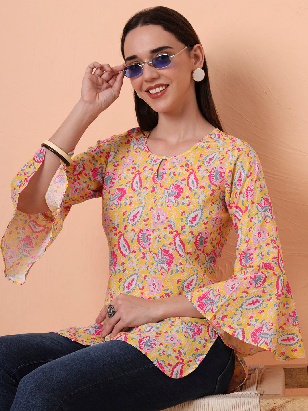 Women Yellow Printed Pure Cotton Flared Sleeves Kurti