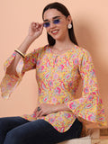 Women Yellow Printed Pure Cotton Flared Sleeves Kurti