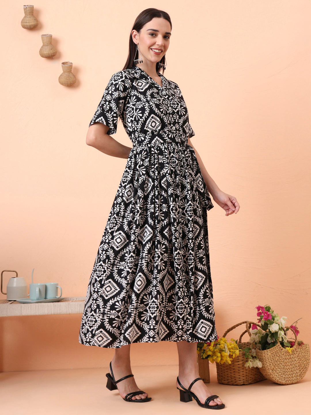 Women Black Printed Fit & Flared Waist Tie-up Dress