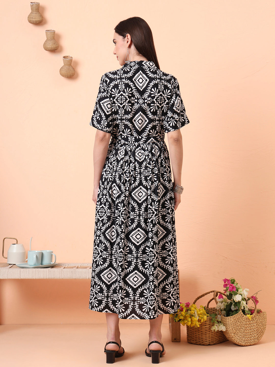 Women Black Printed Fit & Flared Waist Tie-up Dress