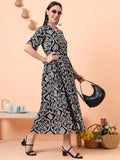 Women Black Printed Fit & Flared Waist Tie-up Dress