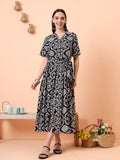 Women Black Printed Fit & Flared Waist Tie-up Dress