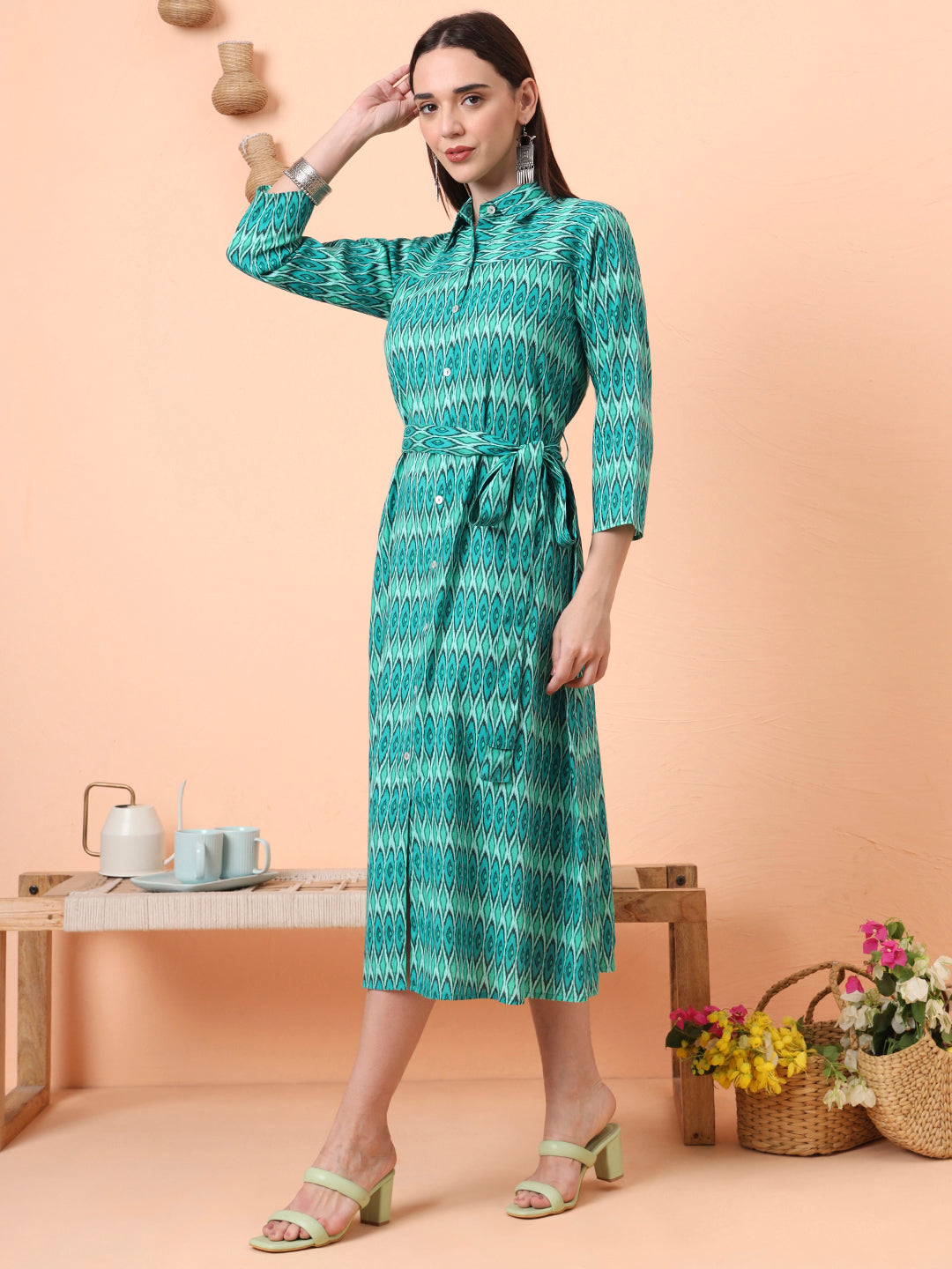 Women Green Printed Fit & Flared Waist Tie-up Dress