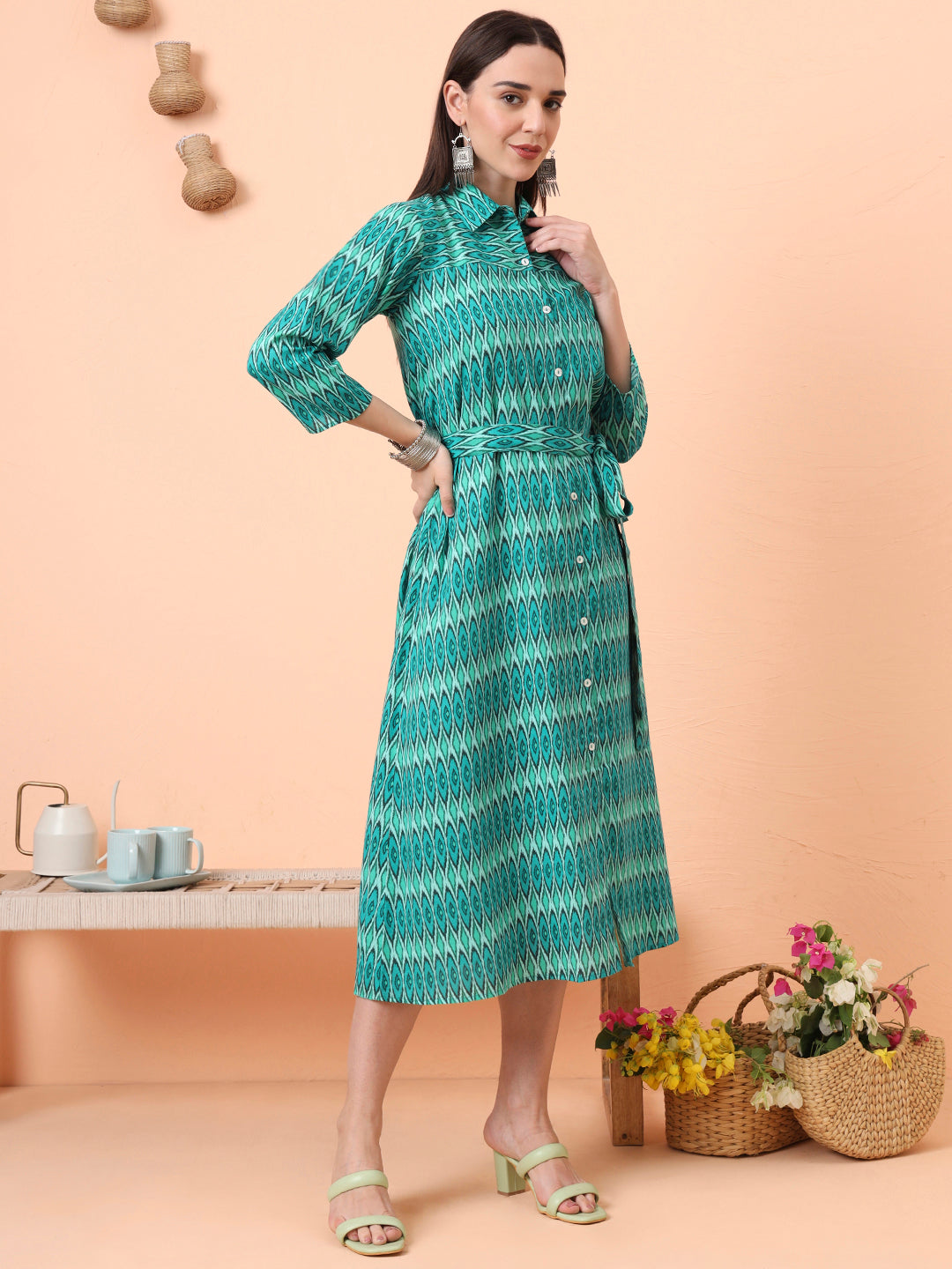 Women Green Printed Fit & Flared Waist Tie-up Dress