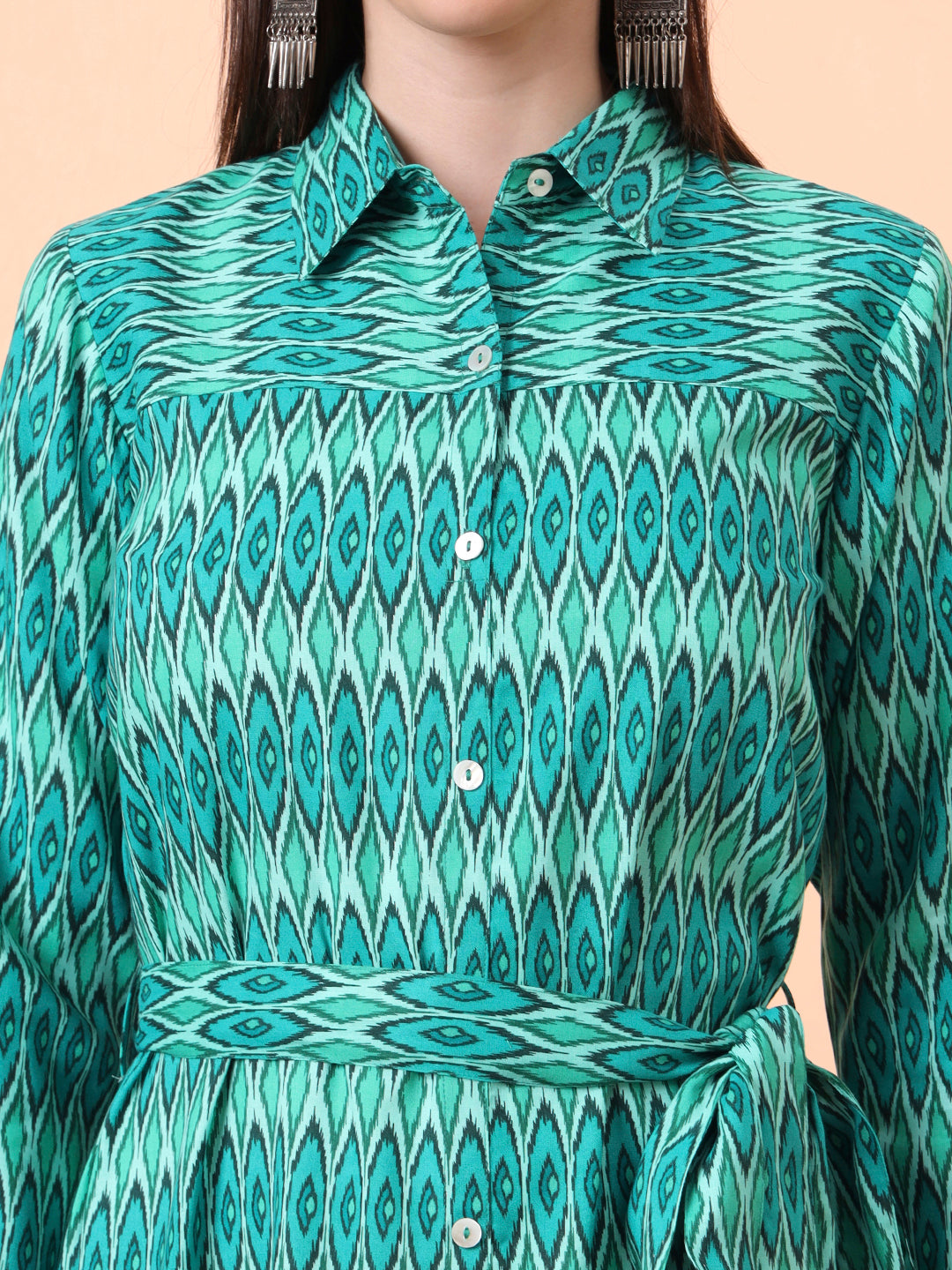 Women Green Printed Fit & Flared Waist Tie-up Dress