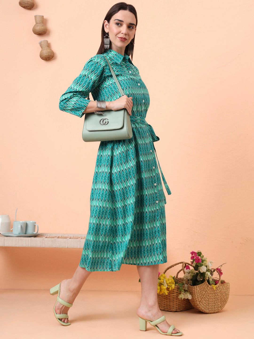 Women Green Printed Fit & Flared Waist Tie-up Dress