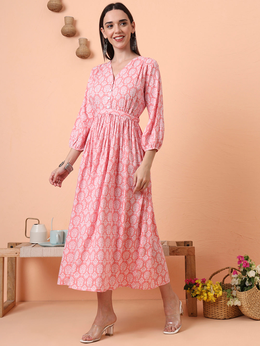 Women Peach Floral Printed Fit & Flared Waist Tie-up Dress