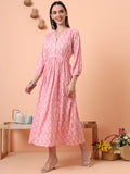 Women Peach Floral Printed Fit & Flared Waist Tie-up Dress