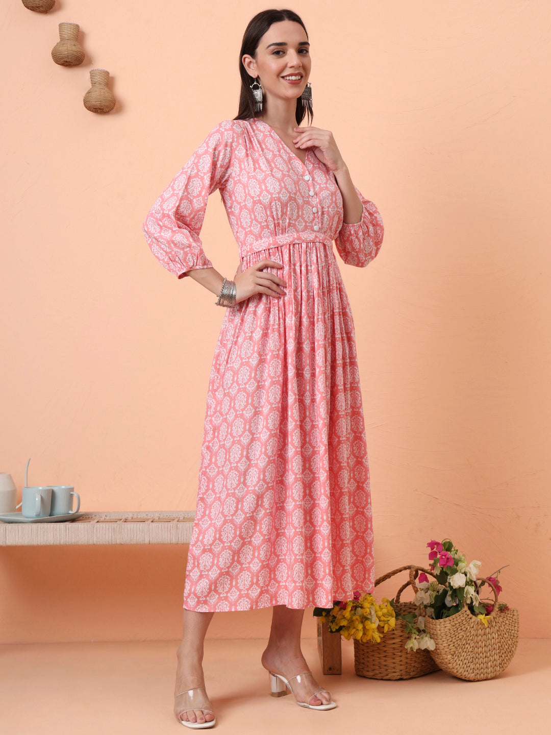 Women Peach Floral Printed Fit & Flared Waist Tie-up Dress