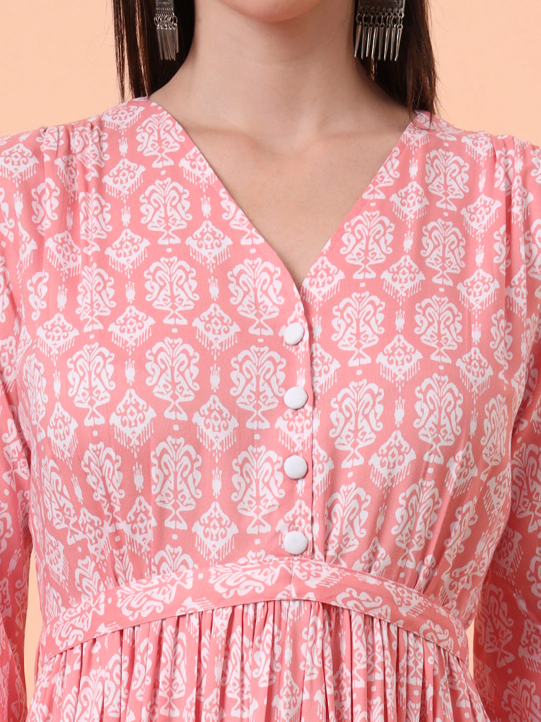 Women Peach Floral Printed Fit & Flared Waist Tie-up Dress