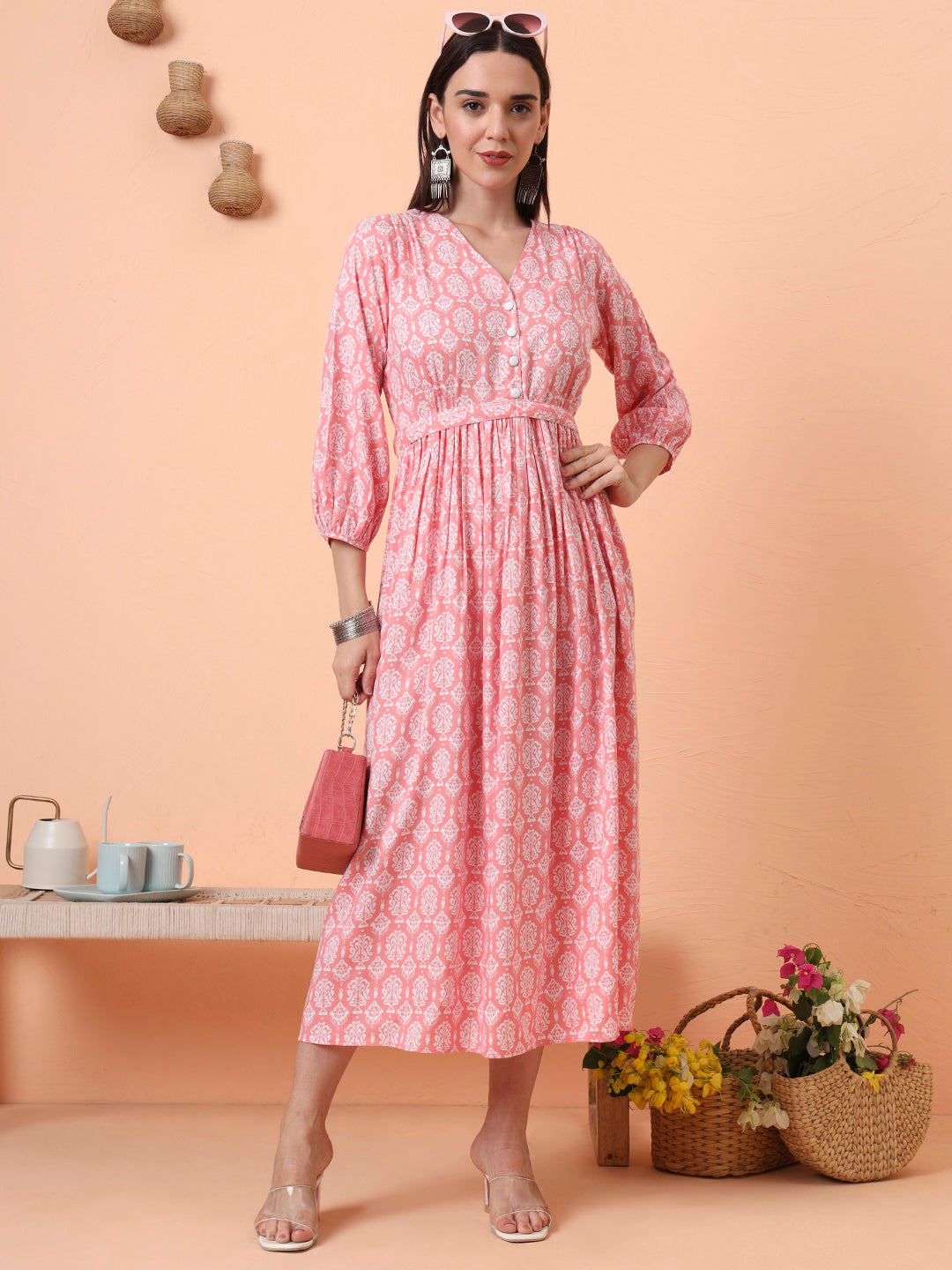 Women Peach Floral Printed Fit & Flared Waist Tie-up Dress