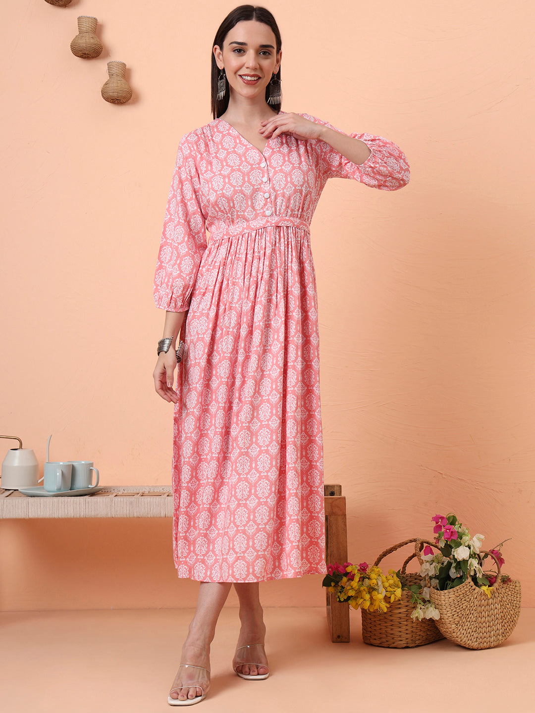 Women Peach Floral Printed Fit & Flared Waist Tie-up Dress