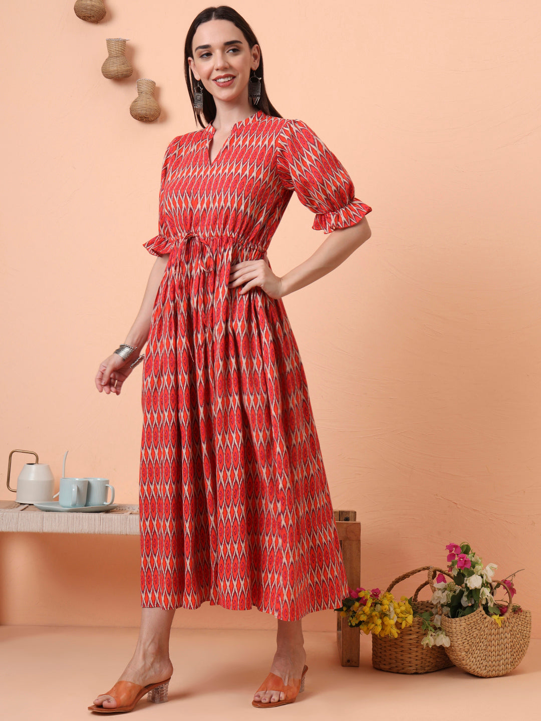 Women Orange Printed Fit & Flared Waist Tie-up Dress
